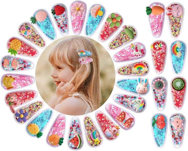 Pia Creations Hair Clips for Girls 30 Pcs, Sequins Snap Hair Clips, Non Slip Barrettes for Baby Girls Toddlers Kids Teens, Transparent Shiny Fruit Cartoon Animal Hairpins, Elegant Glitter Hair Accessories Random Hair Clip Tic Tac Clip