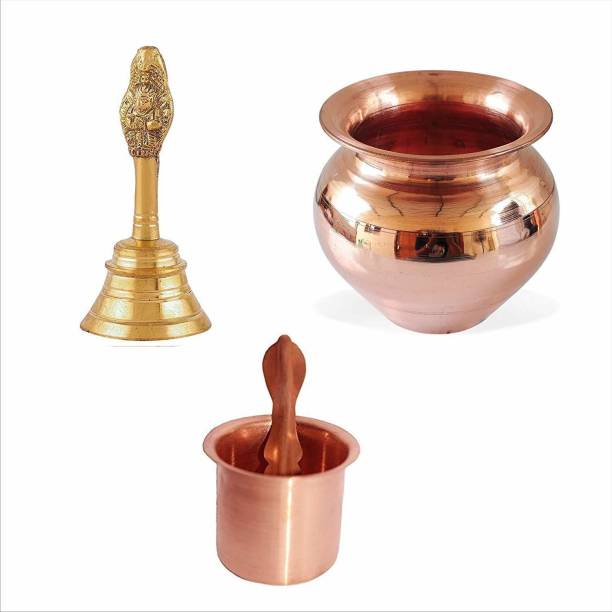 AANU Copper Pooja Samagri || Set of 4 Pcs, Pooja Kalash/Lota, Ghanti and achmani Spoon for Temple and Home Use for All Festive Items Pooja Accessories Brass, Copper Kalash