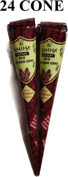 Amina Henna Instant Tatto Red Outline Mehndi / No Chemicals Dyes - Color Paste Cone (Red, 24 Cone) (2 Box) Natural Mehendi