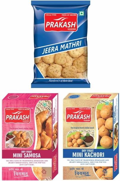 Prakash Namkeen Combo of Jeera Mathri, Mini Kachori and Mini Samosa, 750 Grams (250 Grams x 3 Pack)