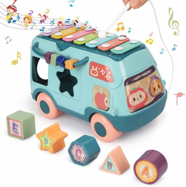 jmv Xylophone Bus Activity Toy Vehicle with Shapes, Music, Sounds, and Lights - Blue
