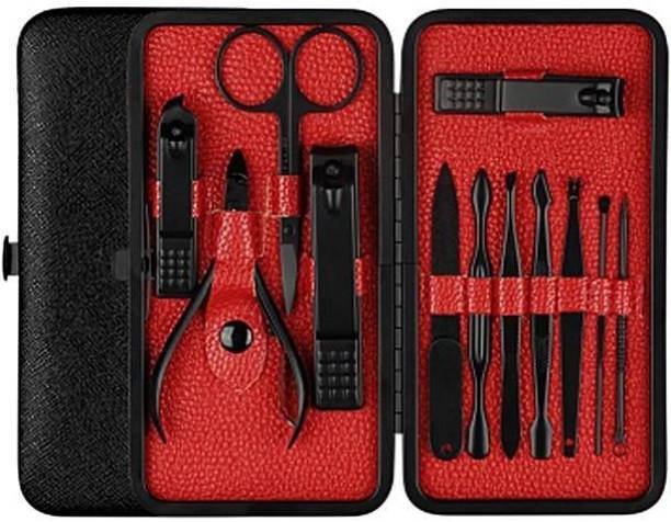 Faigy Beauty Manicure Pedicure 16 Tools Set Nail Clippers Stainless Steel Professional Nail Scissors Grooming Kits, Nail Tools With Leather Case -Color May Very Black/Red
