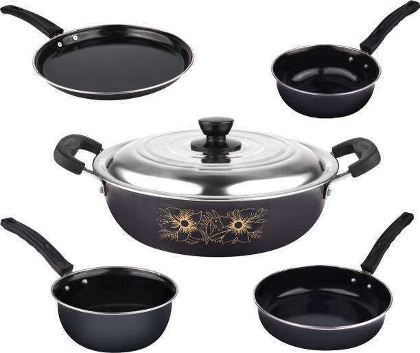 MandU Induction Bottom Nonstick Cookware Set of 5 pc, Kadhai(With Lid), Fry Pan, Sauce Pan, Tadka Pan & Tawa Induction Bottom Cookware Set
