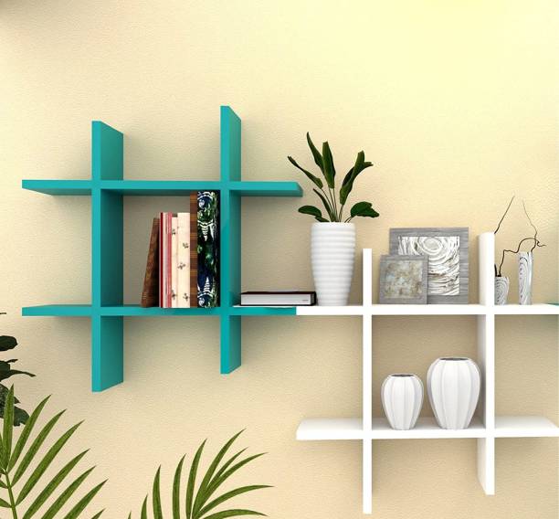 Amaze Shoppee Exclusive Designed Hashtag Floating Wall Mount Shelf Display Shelves Storage Organizer for Wall Decoration of Your Home Living Room, Bed Room, Office (Pack of 2, Turquoise & White) Wooden Wall Shelf