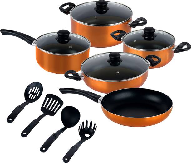 INSIYA Nonstick Aluminium 13-Piece Cookware Set ( saucepan with lid 20cm, 2 casserole with lid 20cm & 24cm , Kadai with lid 26cm, 4 Nylon tools,…