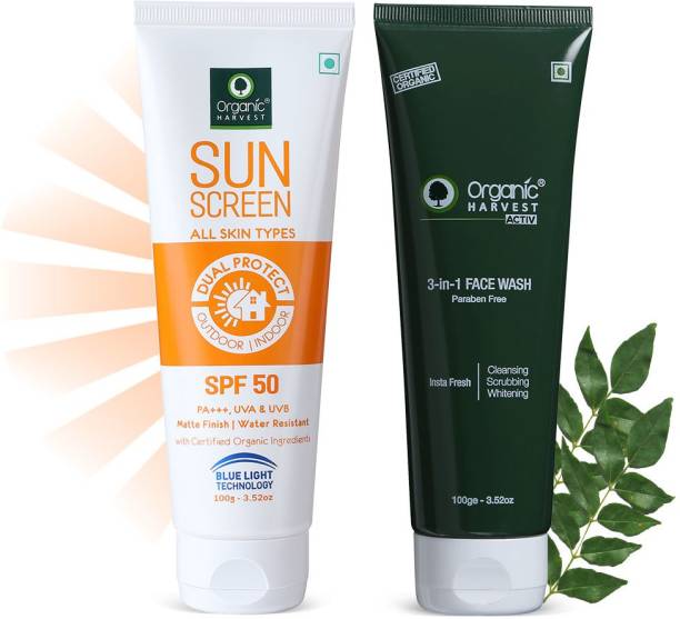 Organic Harvest 3-in-1 Face Wash & Sunscreen SPF 50 All Skin Type Combo, 100% Organic, Paraben & Sulphate Free (Face Wash 100gm + Sunscreen 100gm) - SPF 50 PA+++