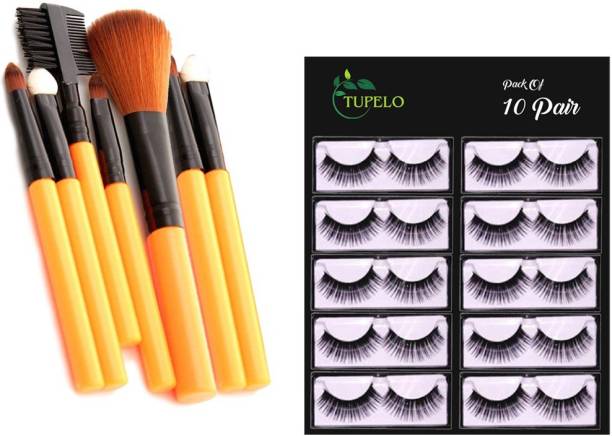 TUPELO Combo pack of 7 royal quality fashiona make up brushes & 10 pair false eyelashes fake eyelashes voluminous makeup mac eyelashes (pack of 10),Black