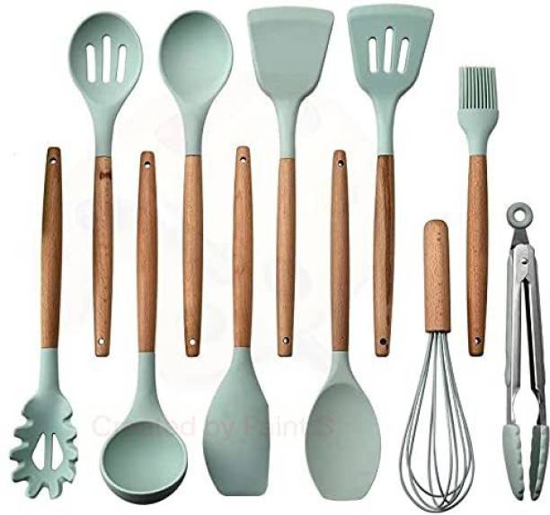 frenchware FRW-SWH-GRN-P18 Non-Stick Silicone Spatula & Utensil Set with Wooden Handle & Utensil Holder Green Kitchen Tool Set
