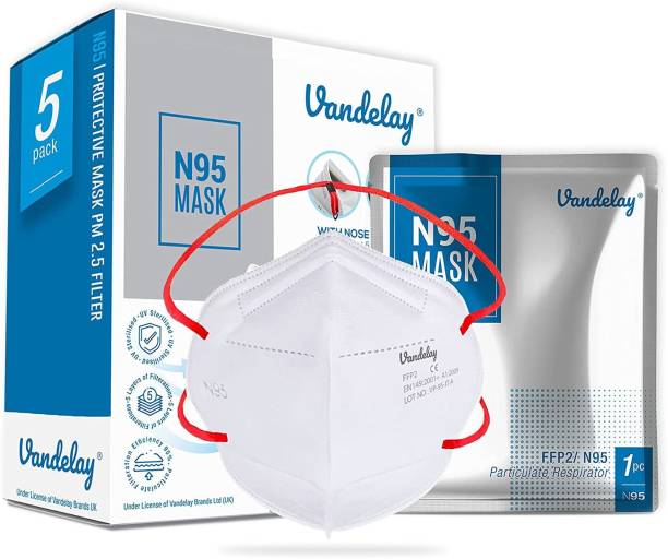 Vandelay N95 Face Mask with Head Loop & Soft Nose Sponge - UV Sterilized 5 Layer (White, without Valve, Pack of 5) for Unisex Reusable