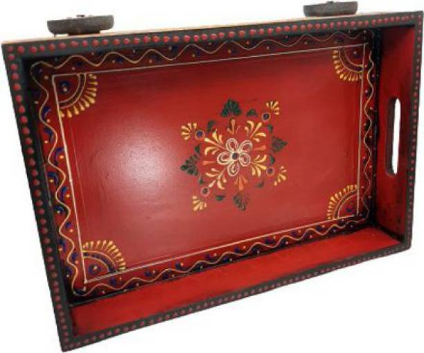 INDIA MEETS INDIA Handmade Wooden Serving Tray w/Hand Painted (Embossed) [Multi-Color-Large], Kitchen/Table & Home Decor/Dinning/Gifts/Restaurants/Living Room/Coffee Table Tray