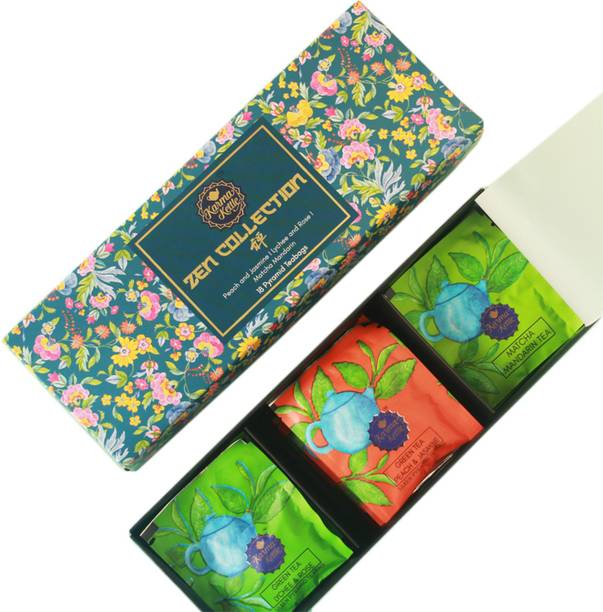 Karma Kettle Zen Collection Green Tea Gift Box 18 Pyramid Teabags: (3 Flavours X 6 Teabags) Orange, Peach, Jasmine Green Tea Box