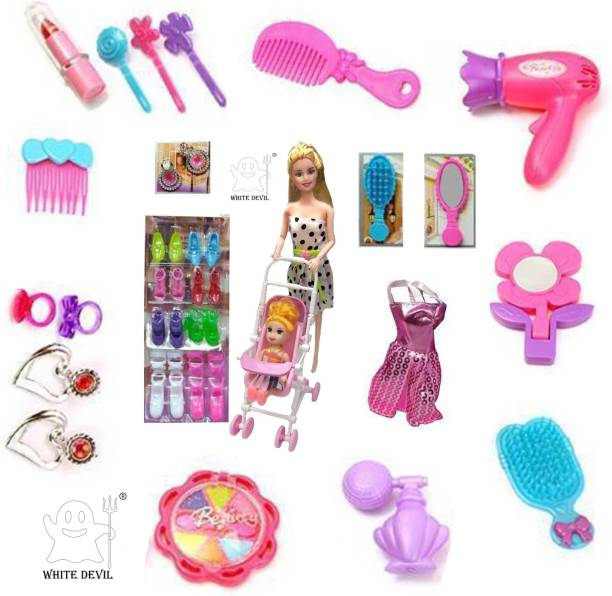 White Devil beautiful barbie doll with baby trolley & Makeup kit gorgeous hairs & shoes,