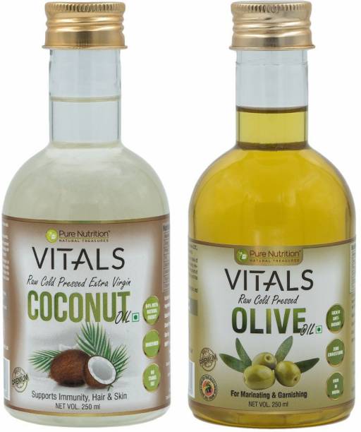 Pure Nutrition VITAL Raw Cold Pressed Virgin Olive Oil (250ml) + Raw Cold Pressed Virgin Coconut Oil (250ml) Blended Oil Glass Bottle