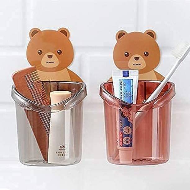 EZVISION Teddy Toothbrush Holder with Self Adhesive Sticker Unique Design Holder pck 2 Plastic Toothbrush Holder