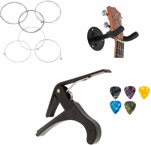 TechBlaze Acoustic Guitar Strings, Guitar Wall Mount, Guitar Metal Capo with 5 picks Best Guitar Accessory Combo Pack Wall Stand