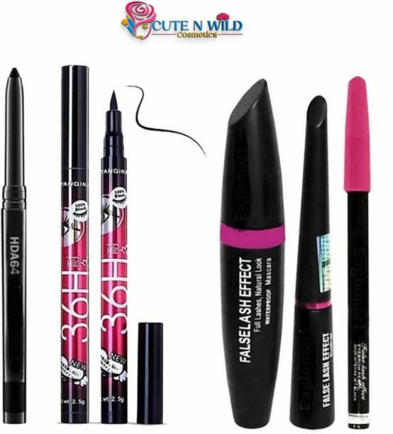 cute n wild Smudge Proof HDA64 Makeup Beauty Kajal & Yanqina High Quality Waterproof Liquid-Eye Liner 36H No Smudge Suitable For Contact Lens Users 3 g Deep Black & Rosedale 3in1 Eyeliner , Mascara , Eyebrow Pencil