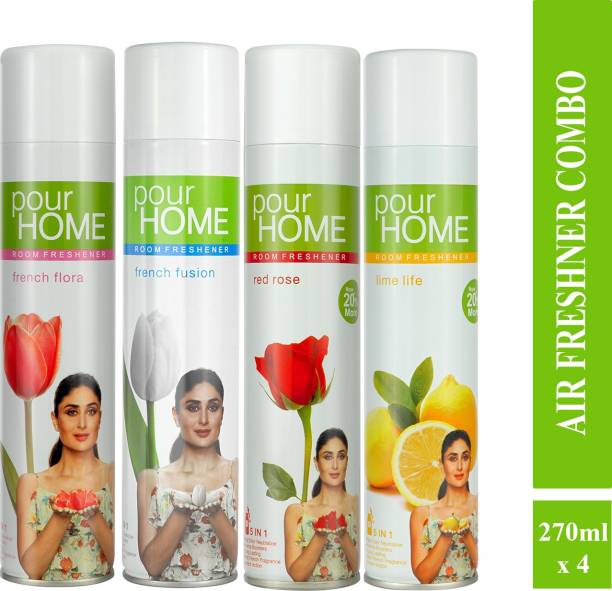 POUR HOME French Flora, French Fusion, Red Rose & Lime Life Room Freshener Combo (Pack of 4) Spray