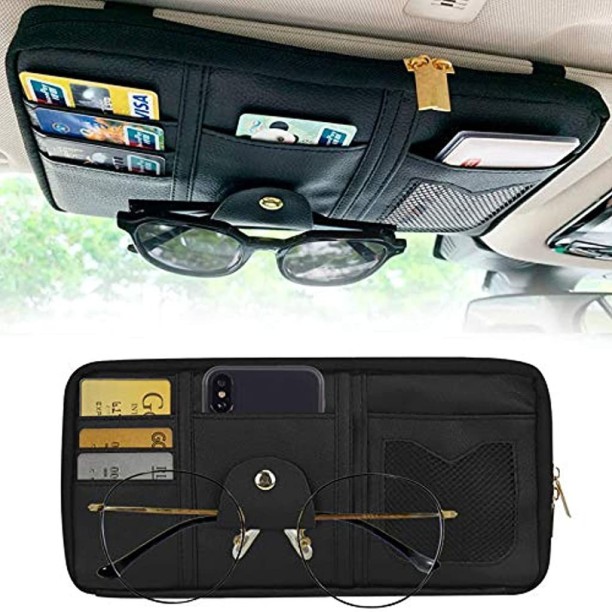 Itenqi PU Leather Multi-Function Car Space Sun Visor Organizer Bag Hanging Card Phone Storage Pouch Holder 