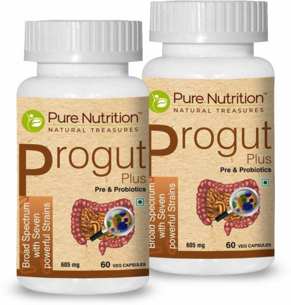 Pure Nutrition Progut Plus Probiotic formula to support healthy digestion - Combo Pack of 2 No Flavor Capsules
