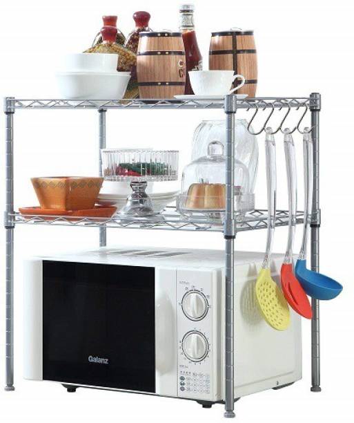 Lyrovo 2-Tier Space Saving Height Adjustable Kitchen Microwave Oven Dish Organizer Racks Shelf with Hooks. Steel Kitchen Trolley
