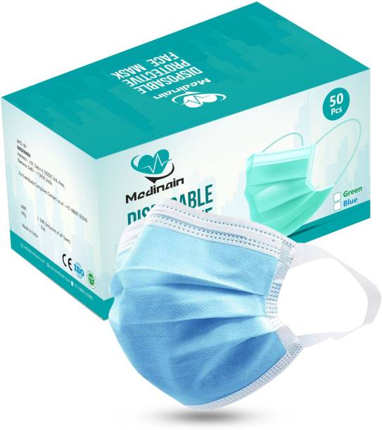 MEDINAIN 3 Ply With Comfortable and Soft Elastic Ear Loops With Built-In Adjustable Nose Clip, 95% Filtration CE, and ISO and WHO-GMP Certified Pharmaceutical and Disposable Face Mask Surgical Mask
