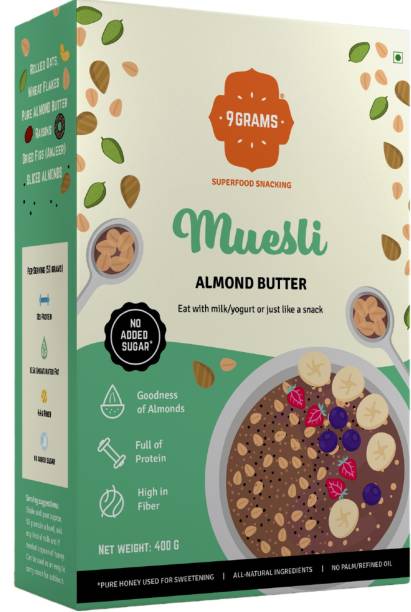 9grams Wholegrain & Almond butter Muesli | Sugar Free | 12g Protein per serving | Use as Breakfast Cereal or Healthy Snack | with fruits & seeds Box