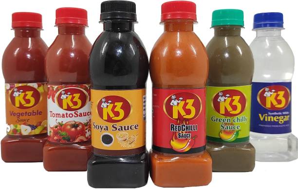 K3 Masala Soya Sauce (200gm),Green Chilli Sauce (200gm),Red Chilli Sauce (200gm),Tomato Sauce (200gm),Vegetable Sauce (200gm),Vinegar (200gm)(Pack of 6) Sauce