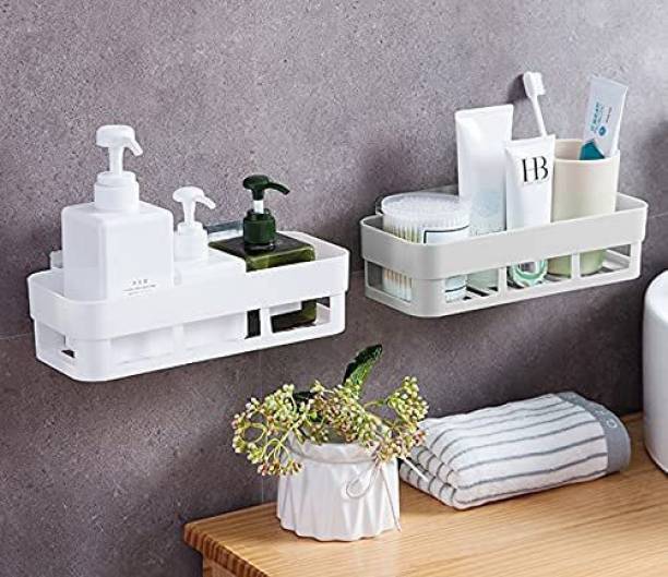 DAITORY 2 Combo Wall Mount Bathroom Shelf and Soap Rack for Home and Kitchen. Adhesive Sticker Support Without Drilling. ( Bathroom Shelf 2 ) Plastic Toothbrush Holder