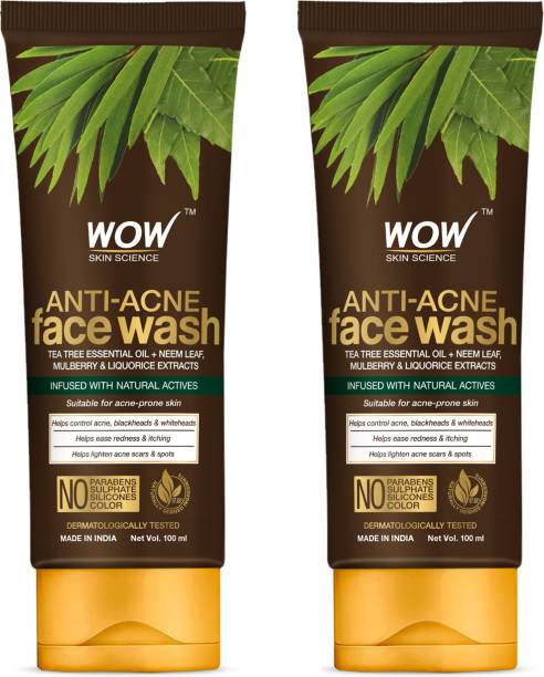 WOW SKIN SCIENCE Anti Acne  - Oil Free - No Parabens, Sulphate, Silicones & Color - Pack of 2 - Net Vol 200mL Face Wash