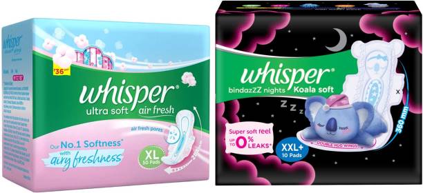 Whisper Ultra Softs XL 50s plus Bindazzz Nights Koala XXL+ 10s Sanitary Pad