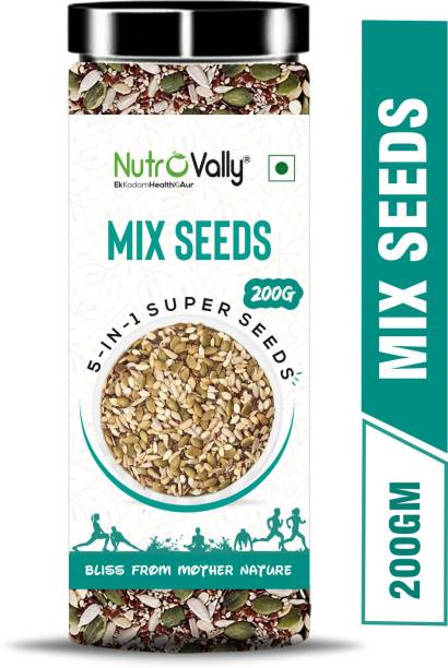 NutroVally Raw Mix Seeds for Immunity Booster Chia Seeds, Flax Seeds, Pumpkin Seed, Sunflower Seeds and Watermalon Seeds Mixed Seeds, Chia Seeds, Brown Flax Seeds, Pumpkin Seeds, Sunflower Seeds, Watermelon Seeds