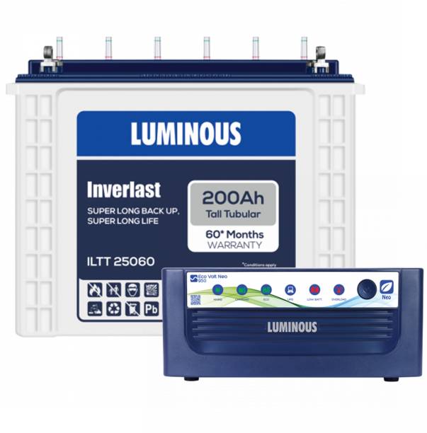 LUMINOUS Eco Volt Neo 950 Sine Wave Inverter with ILTT 25060 200Ah Tall Tubular Inverter Battery