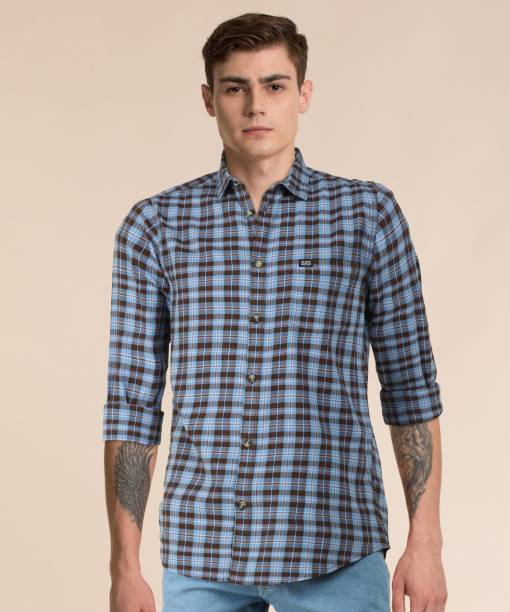 The Indian Garage Co. Men Checkered Casual Blue, Brown Shirt