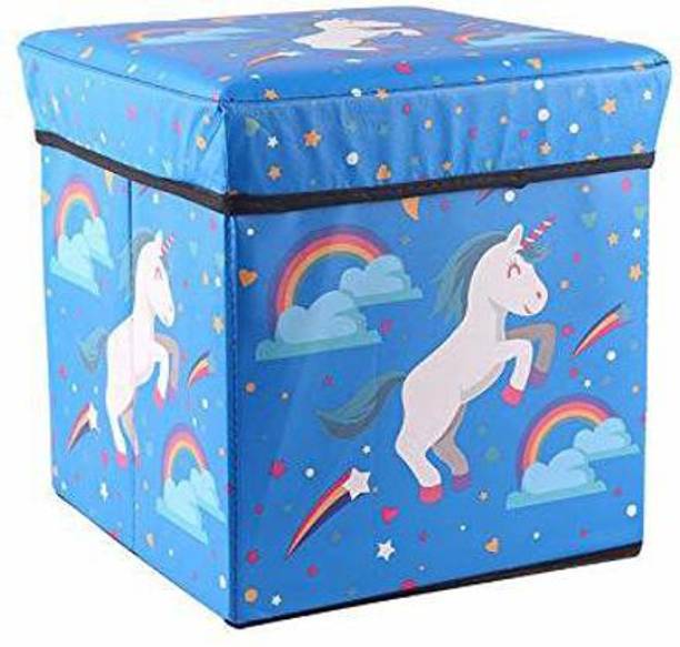 Storia Basket for Sitting Storage Box for Toys of Kids Unicorn Blue Design Foldable Living & Bedroom Stool