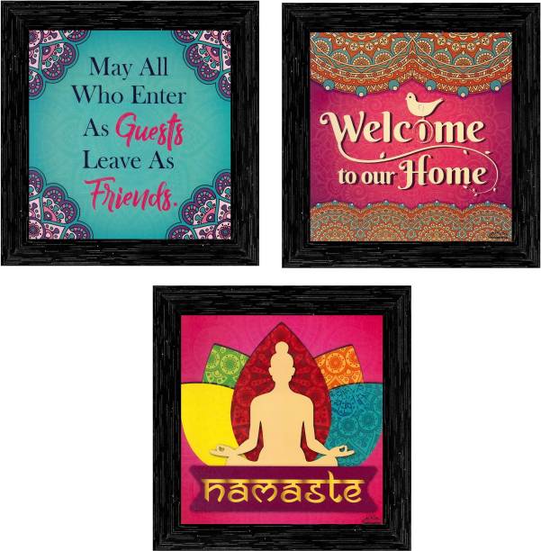 Indianara Set of 3 Welcome Home Framed Wall Hanging Laminated Paintings Matt Art Prints 9.5 inch x 9.5 inch each without Glass (1193BK) Digital Reprint 19 inch x 19 inch Painting