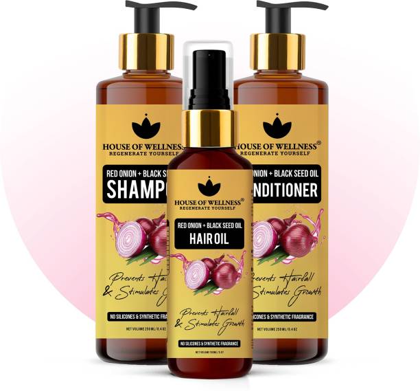 House of Wellness Onion Oil & Black Seed, Anti Hairfall Hair Care Kit (Onion Shampoo + Onion Conditioner + Onion Hair Oil)