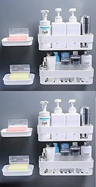DAITORY 8 Pcs ABS Plastic Kitchen Bathroom Shower Self Adhesive Traceless Shelf Plastic Inter Design Bathroom Kitchen Organize Shelf Rack Shower Corner Caddy Basket with Sticker No Drilling Required rack shelf / bathroom accessories plastic rack/ soap stand/ bathroom accessories/bathroom kitchen organizer /soap holder wall mounted pack of 8 ( 4 Bathroom Shower Shelf + 4 Soap Dish Holder)
