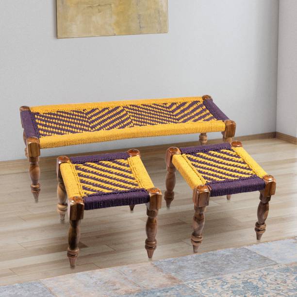 Ikiriya Rosewood Maachi Bench Set with 2 Stools in Vivid Purple & Yellow Canning Solid Wood 4 Seater