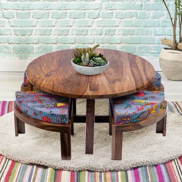 Ikiriya Sheesham Wood 4 Seater Round Coffee Table Set With Bird Print Grey Kantha Cushions Teak Finish Solid In India Ikiriya Sheesham Wood 4 Seater Round, Coffee Table Set Of 4