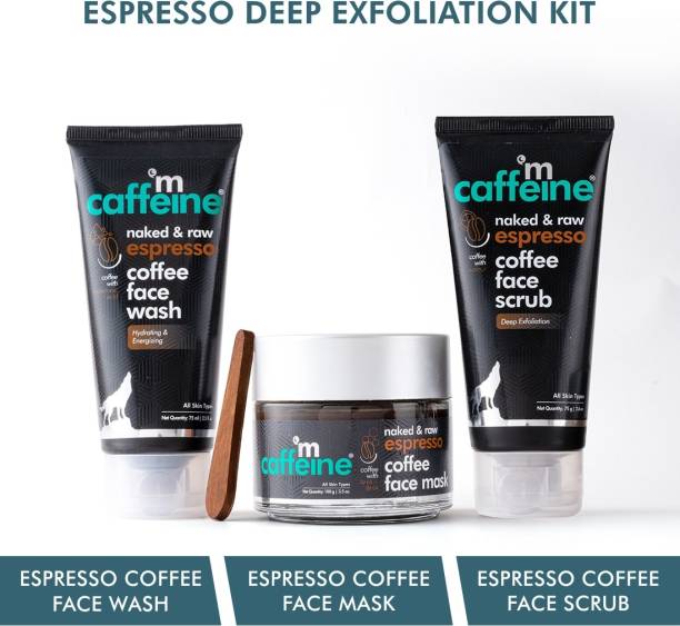 MCaffeine Espresso Deep Exfoliation Kit with Hyaluronic Acid, Natural AHA, Walnut | Face Wash, Face Scrub, Face Mask | All Skin Types | Cruelty Free & Vegan