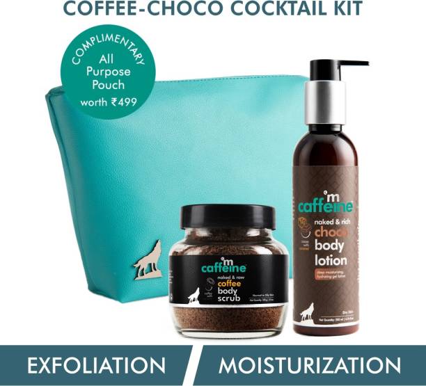 mCaffeine Coffee-Choco Cocktail Kit | Free All Purpose Teal Pouch | Relax & De-stress | Body Scrub, Body Lotion |Paraben & SLS Free
