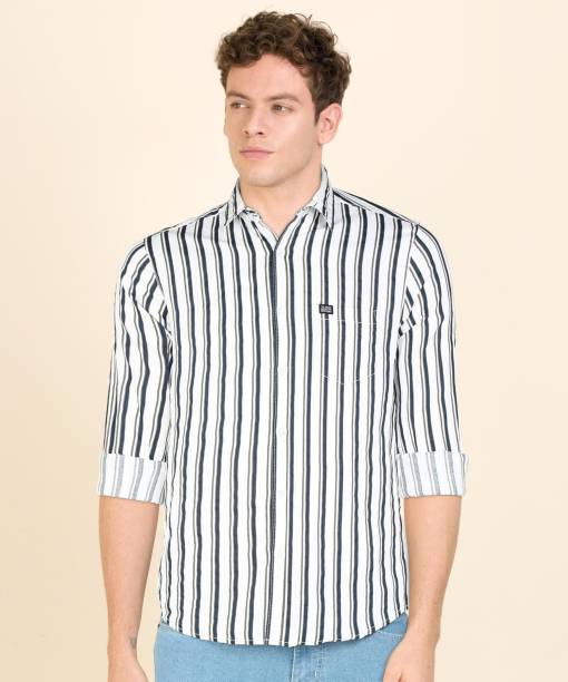 The Indian Garage Co. Men Striped Casual White, Blue Shirt