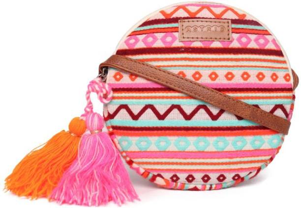 ASTRID Maroon Sling Bag Round Sling Bag With Pompoms For Girls