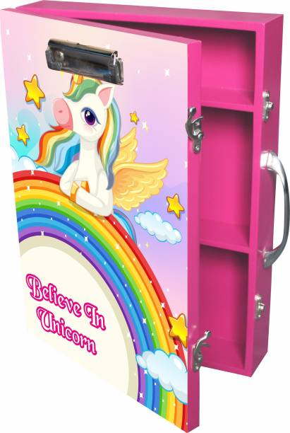 EW Storage Gift Box For Kids | Wooden Organizer | Clipboard Box | Craft Box | Stationary Box | Whiteboard | Art Kit For kids | Birthday Gift Box | Unicorn2 Theme in Pink Color Engineered Wood Box