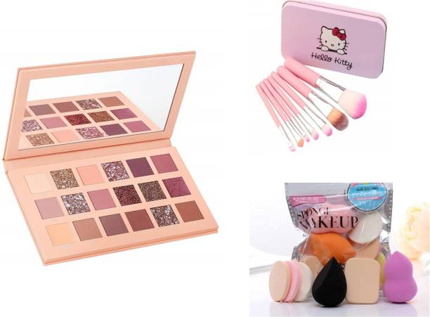 Uchiha Professional 18 colour Nude Eyeshadow, Proffesional 7pcs Pink Makeup Brushes, 6in1 Makeup Sponge Puff Set