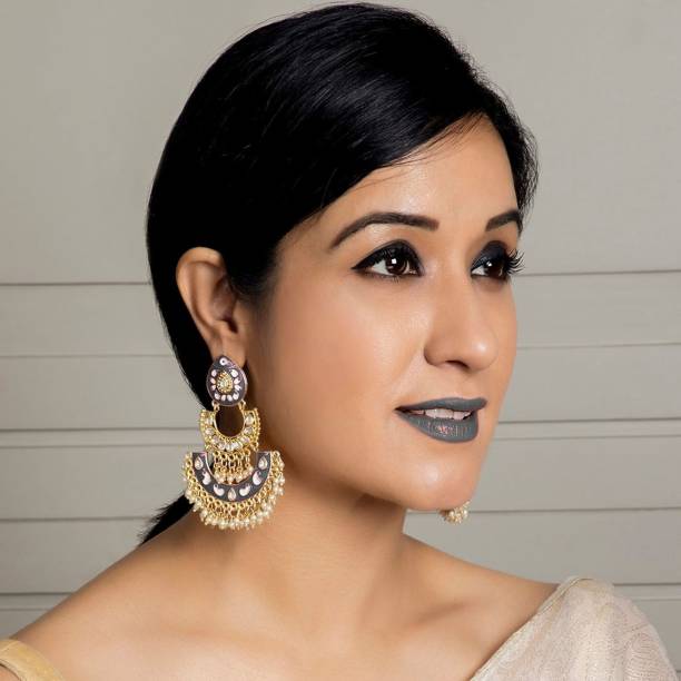Fashion Fusion Kundan Meena Pearl Brass Drops & Danglers, Chandbali Earring