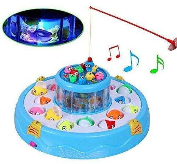 Qbik Go Go Fishing Catching Game with 26 Fishes, 2 Rotary Fish Pond and 4 pods with Music and Light Function Magnetic Toy (Multicolor)