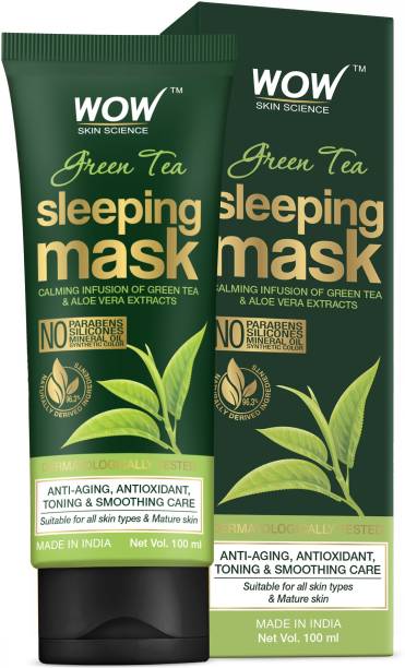 WOW SKIN SCIENCE Green Tea Sleeping Mask - with Green Tea & Aloe Vera Extracts - for Exfoliating & Clarifying Skin - No Mineral Oil, Parabens, Silicones & Synthetic Color - 100mL