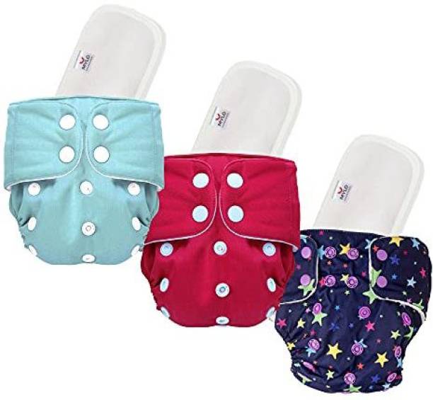 MYLO 100% Cloth Diapers for Babies (0 - 2 Years), Reusable, Washable with Adjustment Snap Buttons and Wet-Free Insert Pads (Set of 3) Oeko-Tex Certified - 2 Solid + 1 Twinkle Print