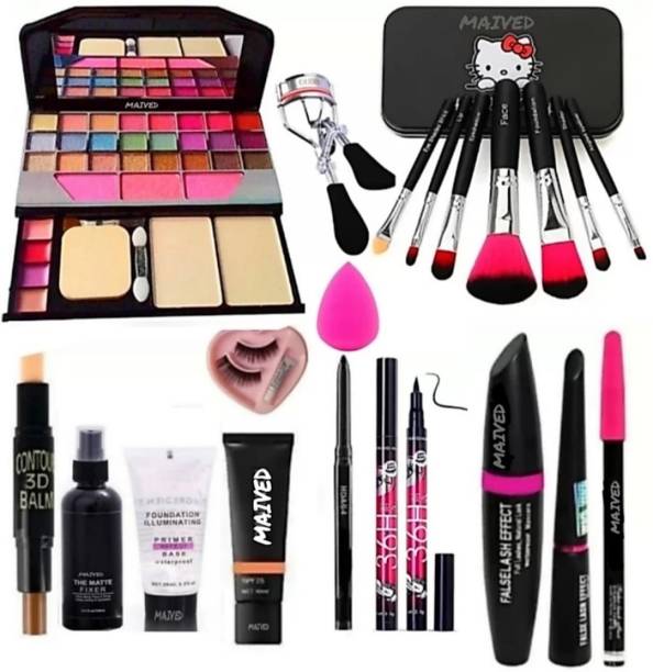 SEINONS 5 pcs makeup brush set with makeup kit , 3D contour stick , primer , fixer, high quality foundation , kajal, waterproof, 36 H sketch eyeliner and 3in1 combo set , eyelashes curler and eyelshes with glue and beauty blender